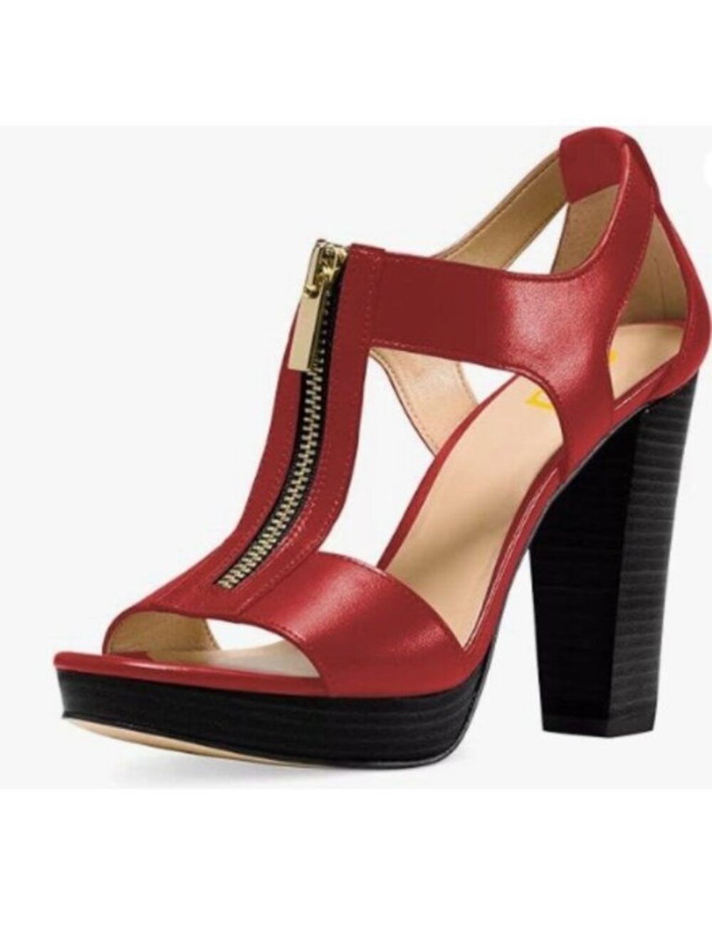 FSJ Women Peep Open Toe T-Strap Front Zipper Chunky Stacked High Heel Sandal Red